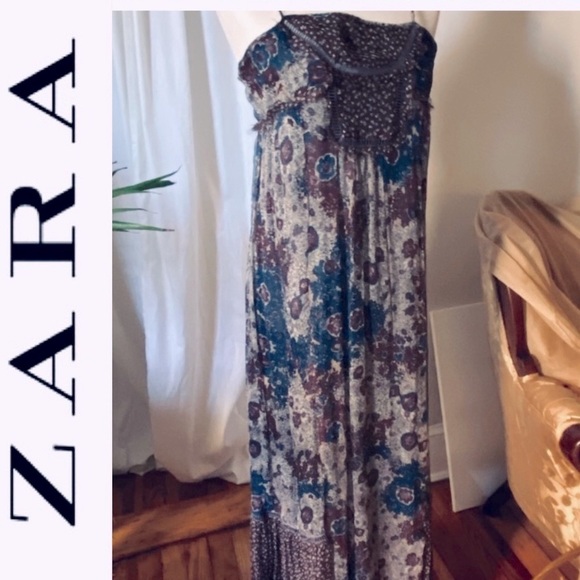 Zara Dresses & Skirts - ZARA 100% Silk Chiffon Sheer Patchwork Mixed Florals Maxi Slip Dress